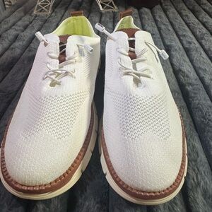 Elegant White Knit Loafers with Brown Accents